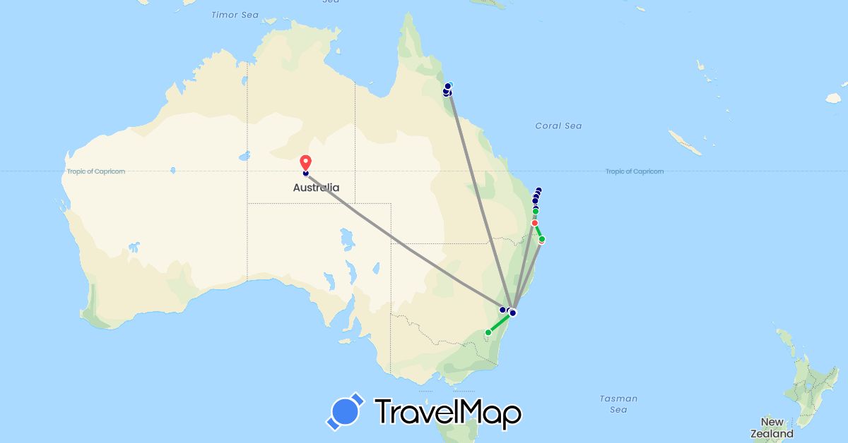 TravelMap itinerary: driving, bus, plane, train, hiking, boat in Australia (Oceania)